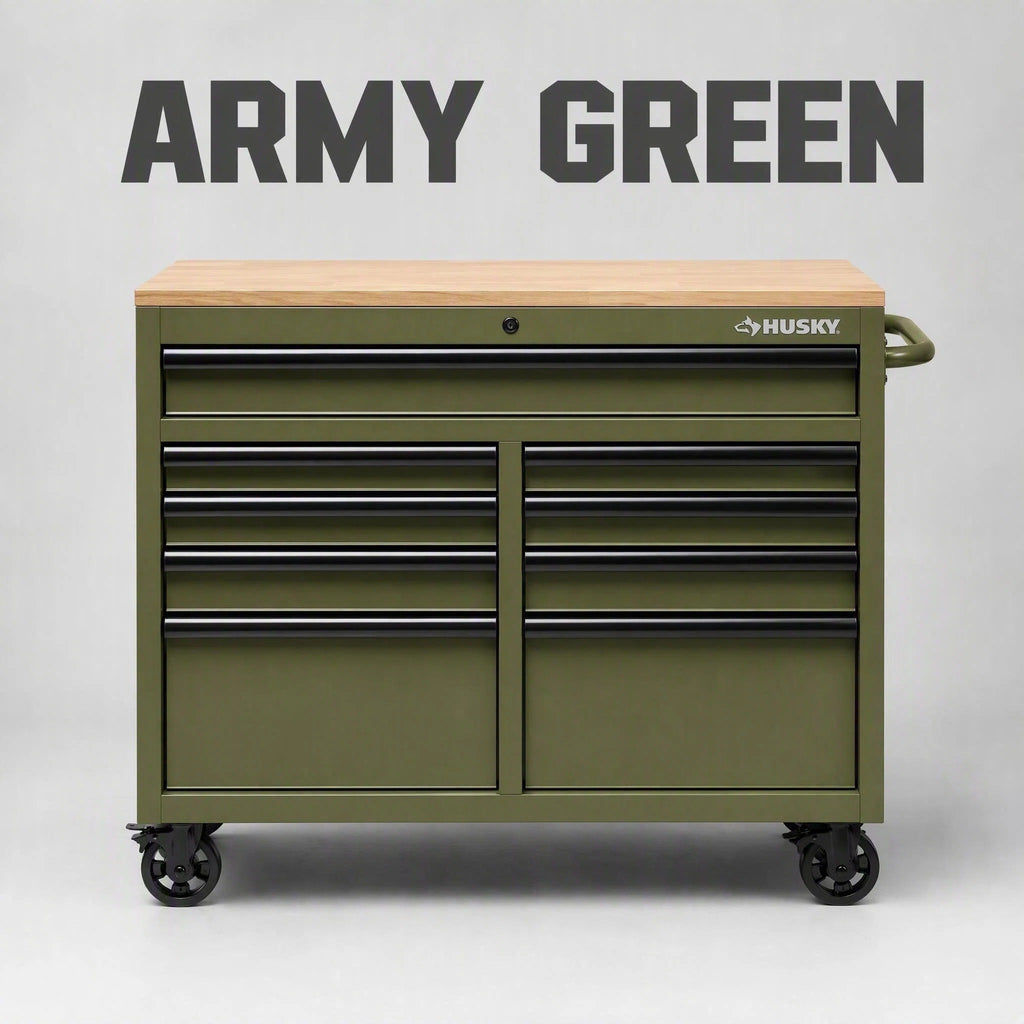Mobile Tool Storage Cabinet on Wheels, Solid Wood Worktop & Built-In P ...
